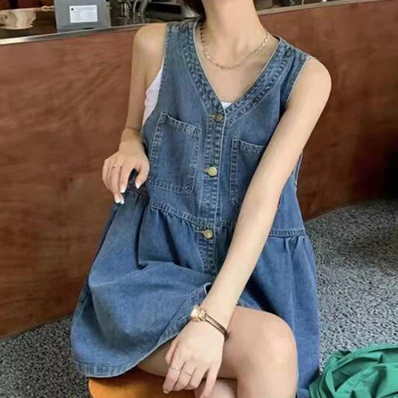 Sleeveless Strap Dress Women Summer Single-Breasted Pockets