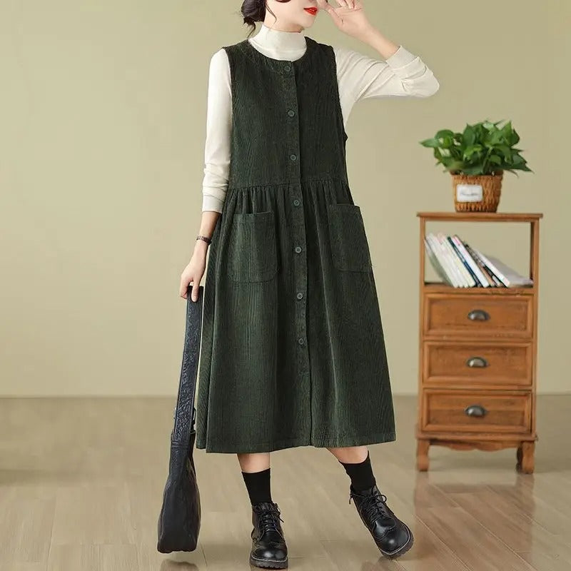 Retro Washed Corduroy Spring Autumn Vest Dress Women's Color