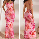 Load image into Gallery viewer, Pink Floral Printed Women's Elegant Off-Shoulder Backless Mermaid Dress, Halterneck A-Line Silhouette Spaghetti Straps Dress