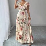 Load image into Gallery viewer, Women's Floral Pleated Maxi Dress – Elegant V-Neck A-Line Summer Dress with Butterfly Sleeves
