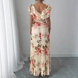 Load image into Gallery viewer, Women's Floral Pleated Maxi Dress – Elegant V-Neck A-Line Summer Dress with Butterfly Sleeves