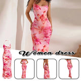 Load image into Gallery viewer, Pink Floral Printed Women's Elegant Off-Shoulder Backless Mermaid Dress, Halterneck A-Line Silhouette Spaghetti Straps Dress