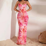 Load image into Gallery viewer, Pink Floral Printed Women's Elegant Off-Shoulder Backless Mermaid Dress, Halterneck A-Line Silhouette Spaghetti Straps Dress