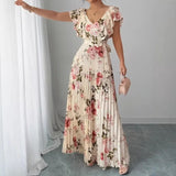 Load image into Gallery viewer, Women's Floral Pleated Maxi Dress – Elegant V-Neck A-Line Summer Dress with Butterfly Sleeves