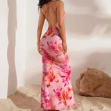 Load image into Gallery viewer, Pink Floral Printed Women's Elegant Off-Shoulder Backless Mermaid Dress, Halterneck A-Line Silhouette Spaghetti Straps Dress