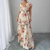 Load image into Gallery viewer, Women's Floral Pleated Maxi Dress – Elegant V-Neck A-Line Summer Dress with Butterfly Sleeves