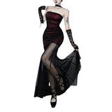 Load image into Gallery viewer, New Dark Gothic Wine Red Strapless Mermaid Dress Mesh Patch Bodycon Wrap Hip Alt Party Maxi Dress