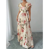 Load image into Gallery viewer, Women's Floral Pleated Maxi Dress – Elegant V-Neck A-Line Summer Dress with Butterfly Sleeves