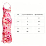 Load image into Gallery viewer, Pink Floral Printed Women's Elegant Off-Shoulder Backless Mermaid Dress, Halterneck A-Line Silhouette Spaghetti Straps Dress