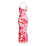 Load image into Gallery viewer, Pink Floral Printed Women's Elegant Off-Shoulder Backless Mermaid Dress, Halterneck A-Line Silhouette Spaghetti Straps Dress