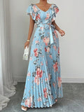 Load image into Gallery viewer, Women's Floral Pleated Maxi Dress – Elegant V-Neck A-Line Summer Dress with Butterfly Sleeves
