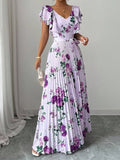 Load image into Gallery viewer, Women's Floral Pleated Maxi Dress – Elegant V-Neck A-Line Summer Dress with Butterfly Sleeves